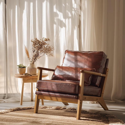 RWTFGV Solid Wood Wide Armrests Accent Chair,Upholstered Mid Century Modern Chair with Pillow,Comfy Reading Chair Farmhouse Arm Chair,Chairs Living Room,Bedroom,Guest Room,Linen Fabric,Beige