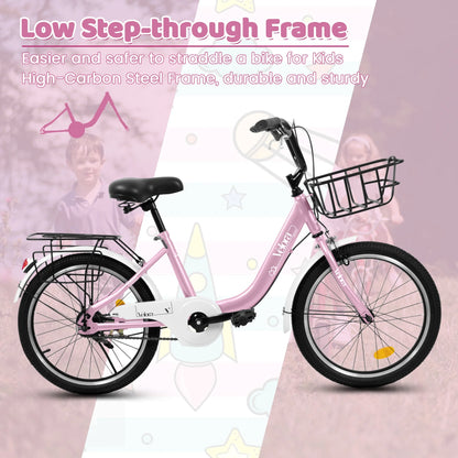 20 Inch Kids Bike for Boys Girls, 1 Speed Children Bicycle with Basket, Rear Seat, Chain Guard, Coaster Brake and V-Brake, Steel Frame Kids Bike for Ages 6-12 Years Old Birthday Gift, Purple