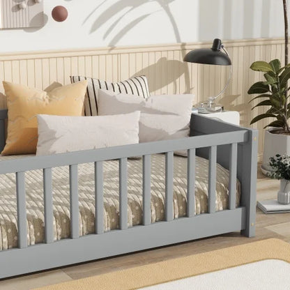 Bellemave Twin Size Floor Bed with Fence, Montessori Floor Twin Bed with Built-in Book Rack, Solid Wood Twin Bed with Slats and Safety Guardrails, Natural