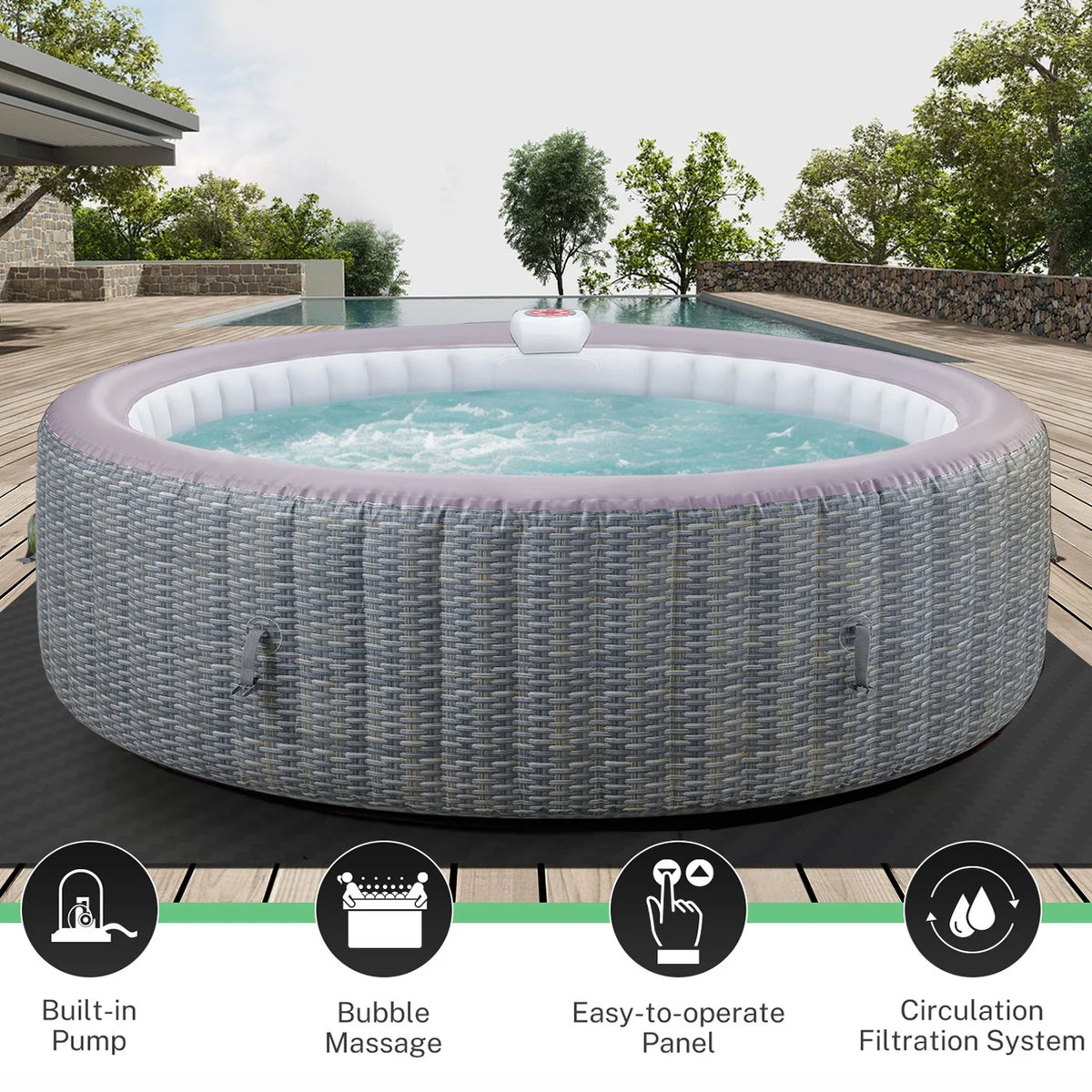 82'' Inflatable Hot Tub, Portable Hot Tub for Home Spa, Outdoor Round Hot Tub W/130pcs Jets, 6 Person Inflatable Pool with Heating, 4 Filters, 2 Cup Holders