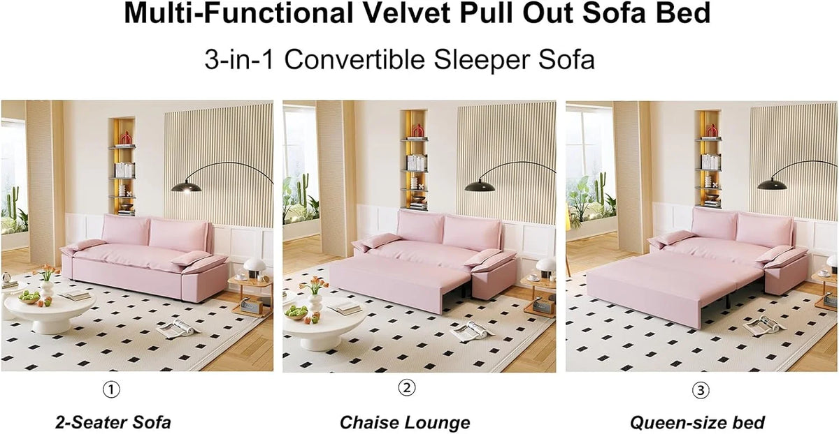 Tabaray 63.8" Futon Sofa Bed Queen Size, Pull Out Bed, 3-in-1 Convertible Sleeper Sofa with Side Pocket, Modern Plush Velvet Futon Couch for Living Room, Small Space, Apartment, Bedroom, Black