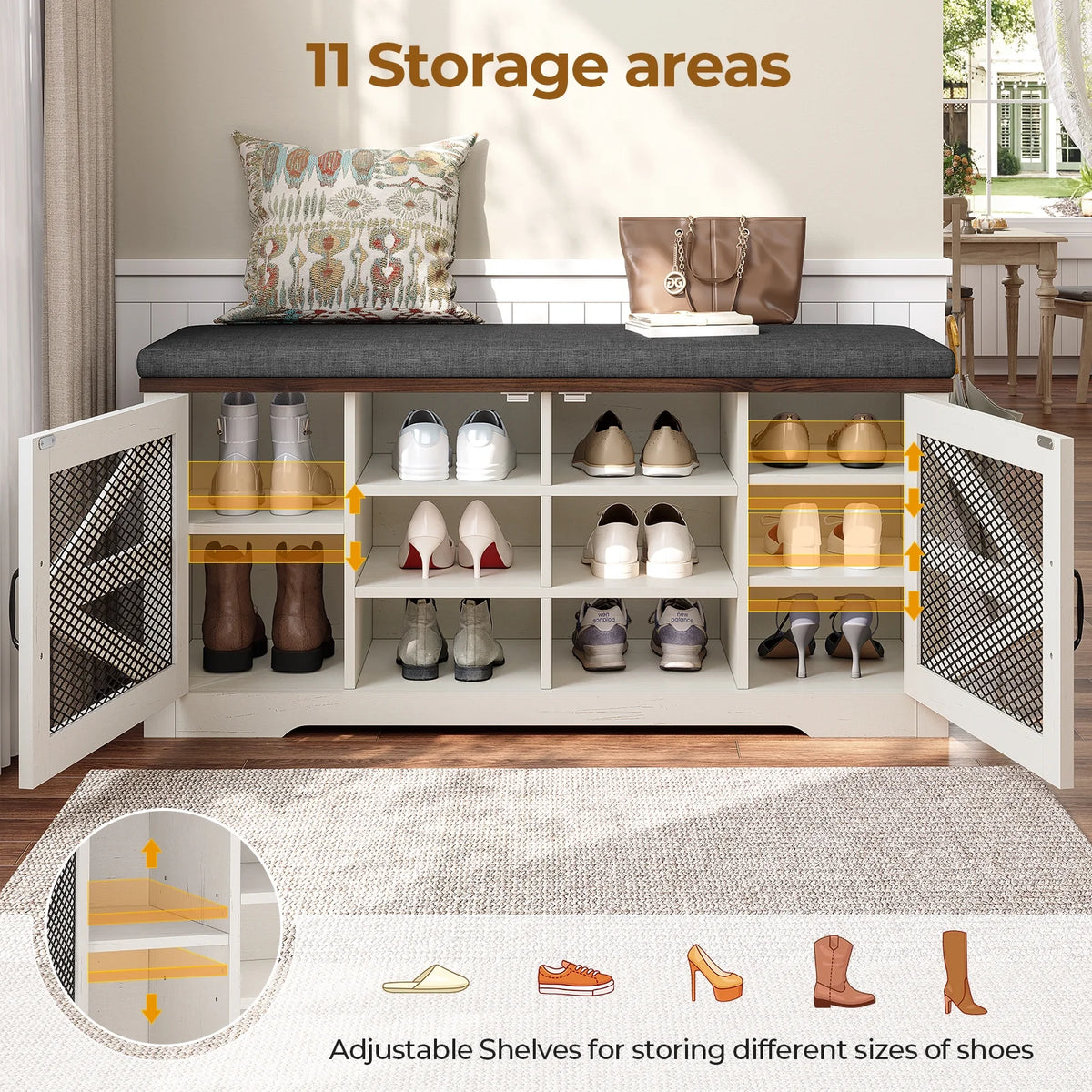 Farmhouse Storage Bench with Cushion, 31.4in Shoe Cabinet with Metal Barn Door and Half Hidden Storage Space for Entryway, Bedroom, Living Room, Old White