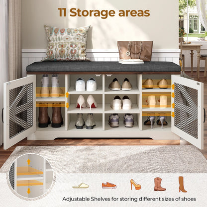 Farmhouse Storage Bench with Cushion, 31.4in Shoe Cabinet with Metal Barn Door and Half Hidden Storage Space for Entryway, Bedroom, Living Room, Old White