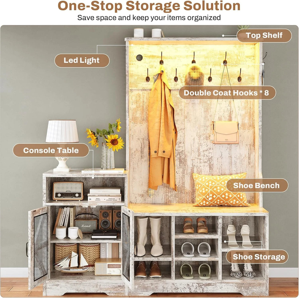Farmhouse Wood Hall Tree with Shoe Bench and Console Table, LED 4-in-1 Coat Rack with 8 Hooks and 7 Adjustable Shoe Cubbies, Multifunctional Entryway Storage Organizer with Cabinet, Vintage White