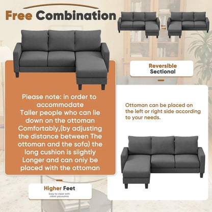 Homall Convertible Sectional Sofa Couch, Modern Linen Fabric L-Shaped Couch 3-Seat Sofa Sectional with Reversible Chaise for Small Living Room, Apartment and Small Space, Dark Gray
