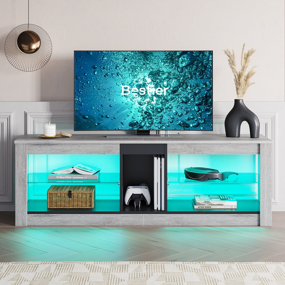 Bestier Entertainment Center with LED Lights TV Stand Media Console Table for TVs up to 60" in Light Grey