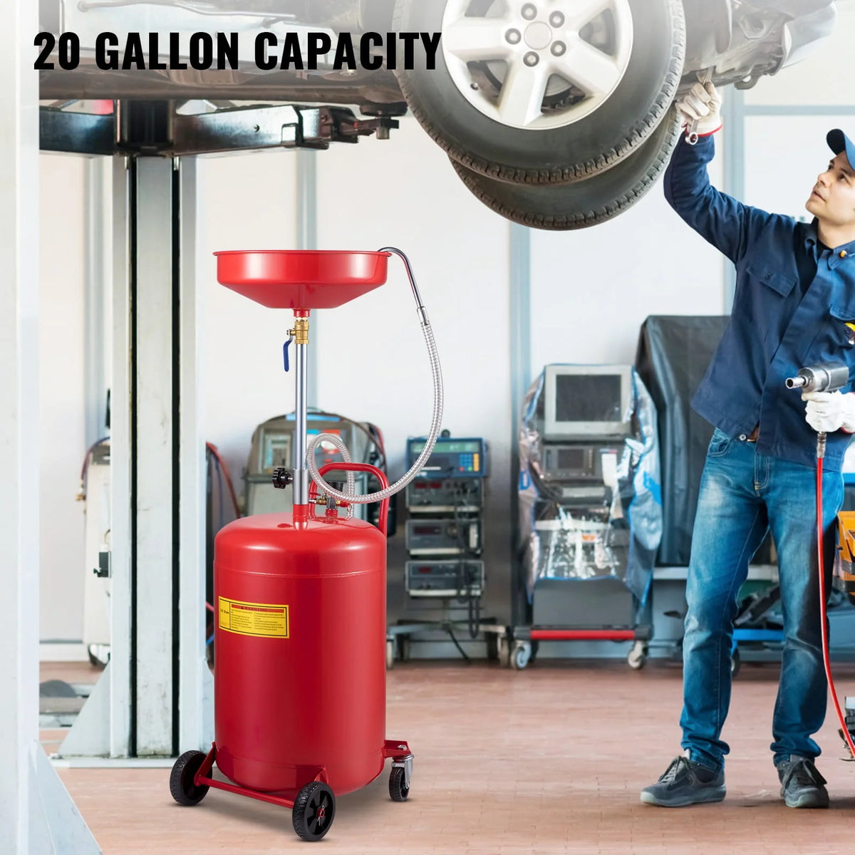 VEVOR Waste Oil Drain Tank 20 Gallons Portable Air Operated Drainer, Container, Fluid Fuel Transfer Drainage, Adjustable Funnel Height, with Wheel