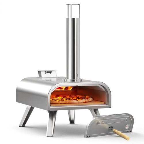 BIG HORN OUTDOORS 16 Inch Pellet Pizza Oven Outdoor, Wood Pellet Pizza Stove with Pizza Stone for Backyard, Camping, Silver