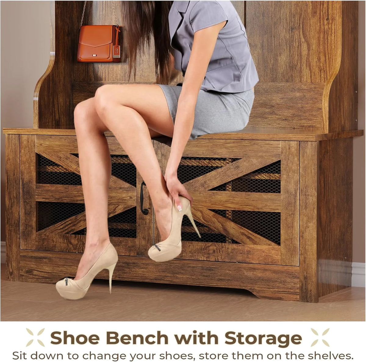 Hall Tree with Bench and Shoe Storage, 5-in-1 Entryway Bench with Coat Rack, 10 Shoe Cubbies & 9 Coat Hooks, Barn Door & Adjustable Shelf, Rustic Brown