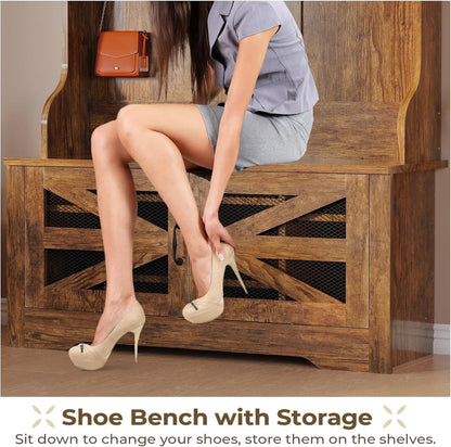Hall Tree with Bench and Shoe Storage, 5-in-1 Entryway Bench with Coat Rack, 10 Shoe Cubbies & 9 Coat Hooks, Barn Door & Adjustable Shelf, Rustic Brown