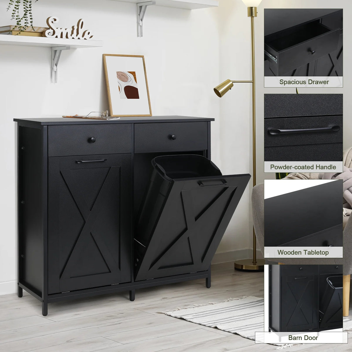 Pirecart 20 Gallon Double Tilt Out Trash Cabinet Wood Hidden Storage Cabinet, Recycling Cabinet with 2 Drawers, Black