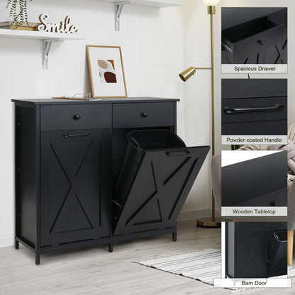 Pirecart 20 Gallon Double Tilt Out Trash Cabinet Wood Hidden Storage Cabinet, Recycling Cabinet with 2 Drawers, Black