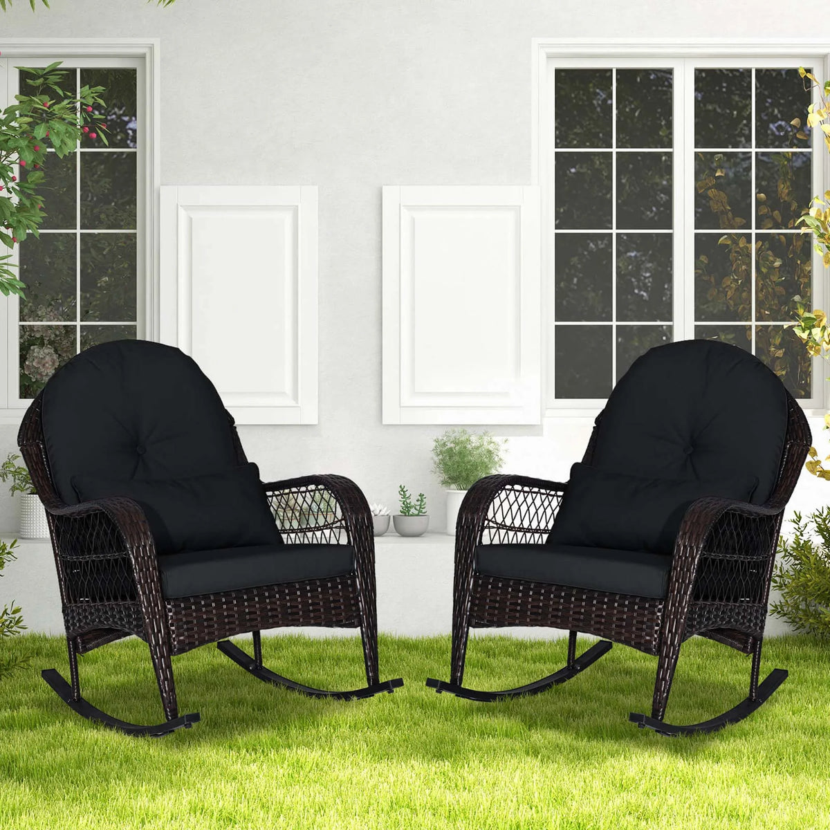 Costway Patio Wicker Rocking Chair W/Seat Back Cushions & Lumbar Pillow Porch Off White