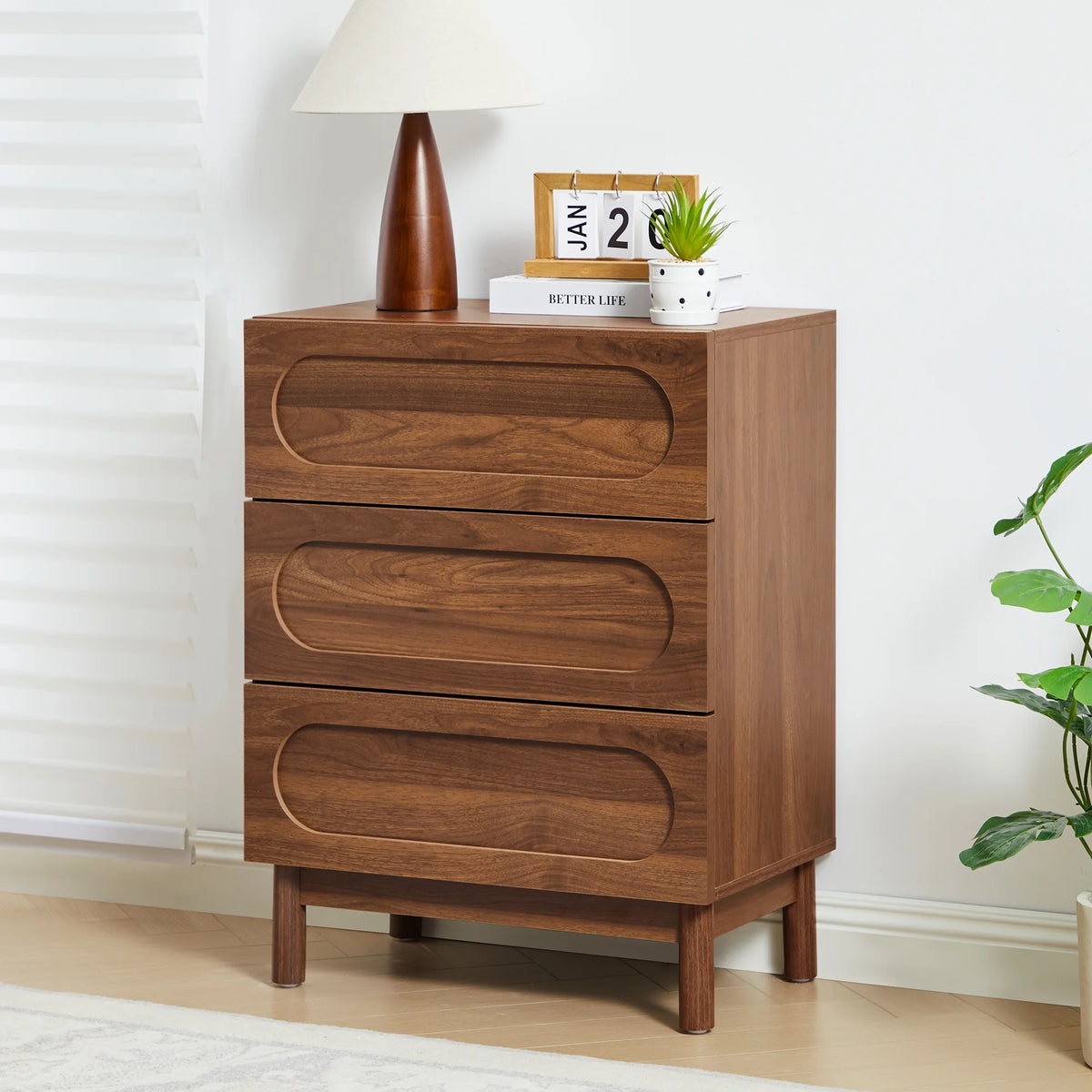 MIYZEAL Modern Wood Chest of 3 Drawers Bedroom Dresser, Wide Storage Cabinet & Contemporary Nightstand for Adults Walnut Finish Bedside Furniture