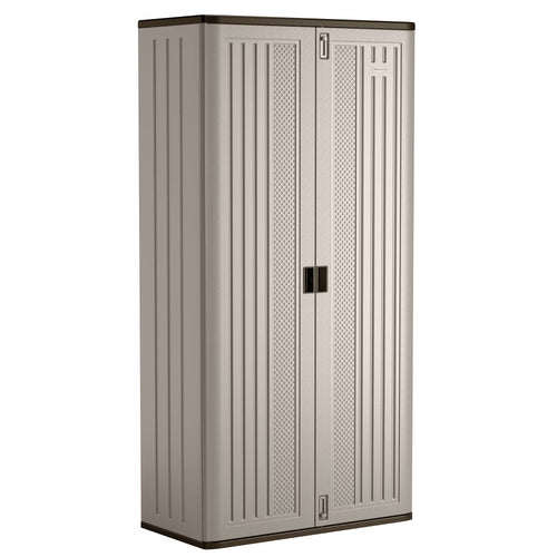 Suncast Mega Tall Resin Outdoor Storage Cabinet with 3 Shelves, Platinum Metallic