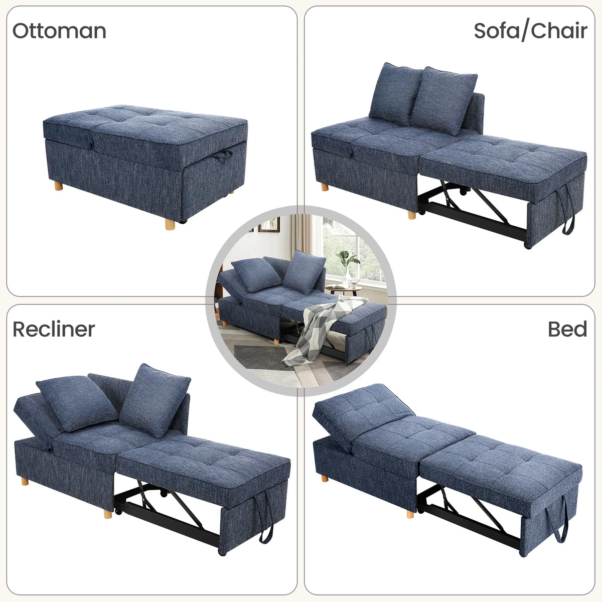 SEJOV 4-in-1 Convertible Sleeper Chair Bed, Linen Sofa Bed for Small Space, Futon Sofa with 2 Throw Pillows for Living Room, Single Recliner with 5 Adjustable Backrest for Bedroom Apartment, Brown