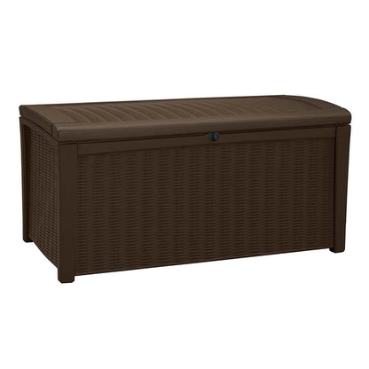 Keter Borneo 110 Gallon Rattan Wicker Resin Deck Storage Box Bench, Brown