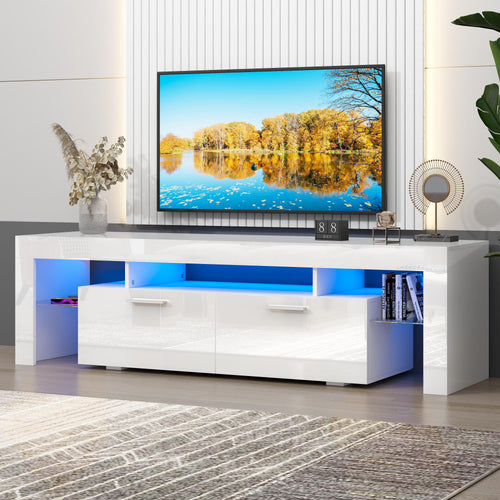 UHOMEPRO TV Stand for TV up to 70", Living Room Entertainment Center with RGB LED Lights and Storage Shelves Furniture, White High Gloss TV Cabinet Console Table