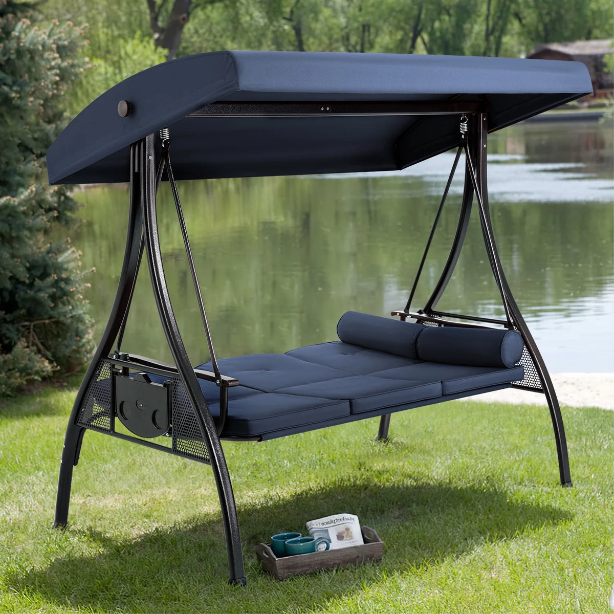 Homrest 3 Person Patio Outdoor Porch Swing with Adjustable Canopy, Backrest, Swing Bed with Stand for Garden,Deck