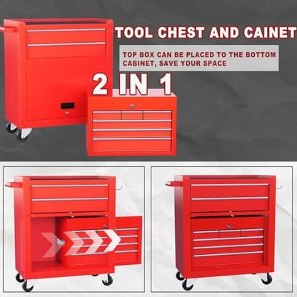 8-Drawer Rolling Tool Chest with Detachable Top Tool Box, Lockable Metal Tool Cabinet, and Liner, Heavy-Duty Storage Organizer with Wheels and 6 Hooks for Garage, Workshop, Green