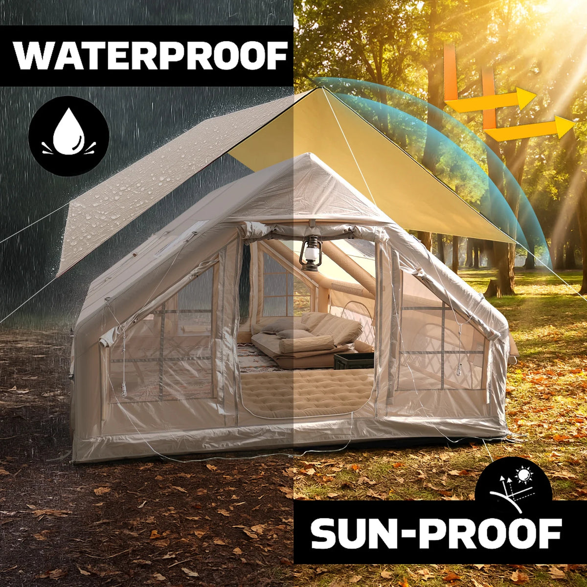 9.8' x 7' Inflatable Camping Tent,4 Season Blow up Tents for Camping, 4-6 Person Inflatable Tent with Stove Jack,Air Tents,Glamping Tent,Waterproof Luxury House with Mesh Window