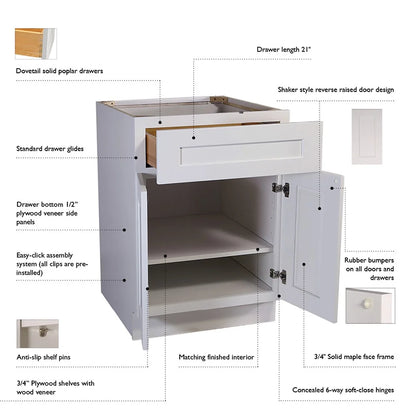 Design House 561464 Brookings Unassembled Shaker Drawer Base Kitchen Cabinet 18x34.5x24, White