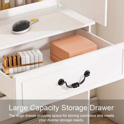 Montary Modern Mini Vanity w/Adjustable LED Mirror + Hidden Storage, Padded Stool & Dustproof Shelves (White)
