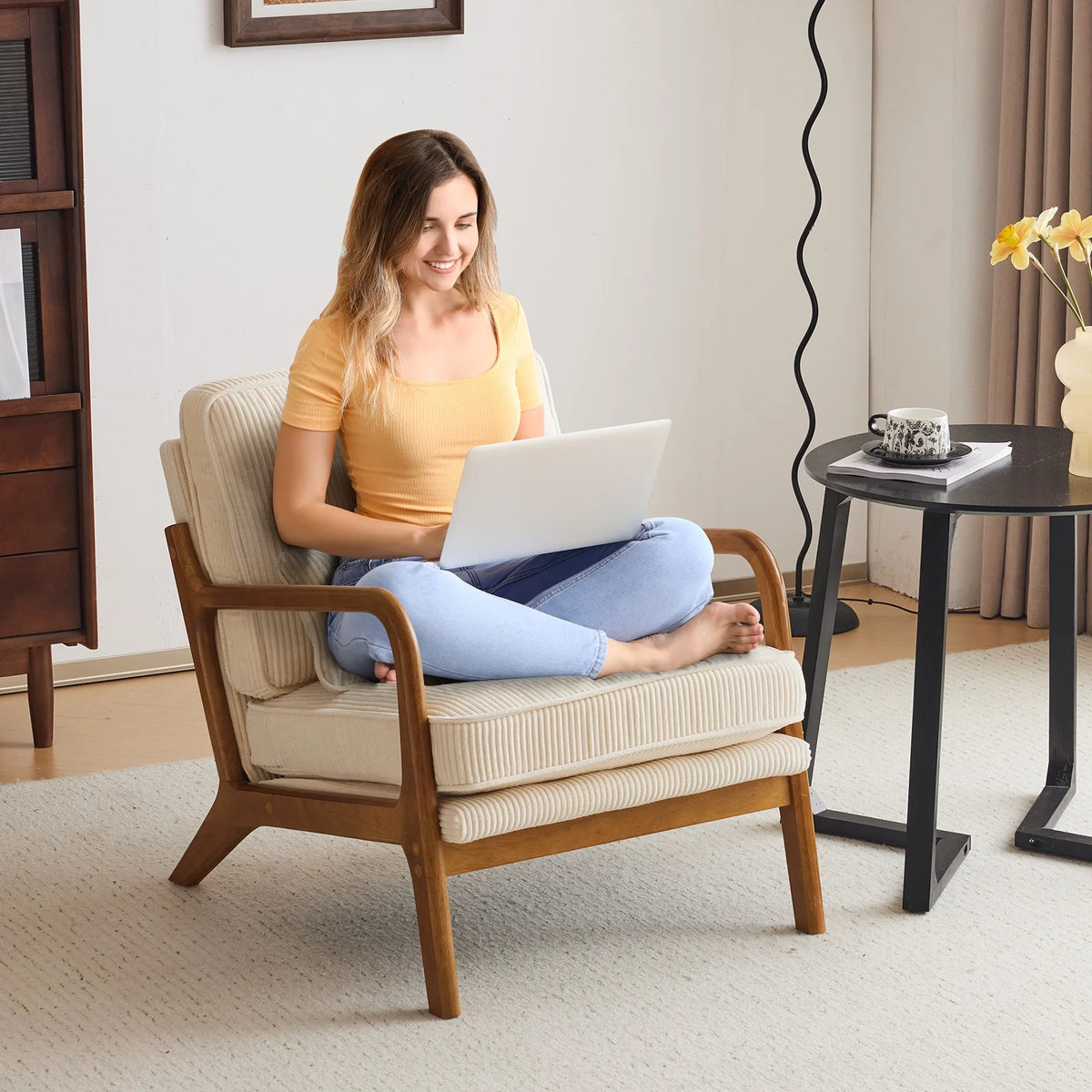 Ktaxon Accent Chair Corduroy Upholstered Armchair, Reading Club Chair with Pillow and Solid Wood Frame for Living Room Bedroom Furniture Off White