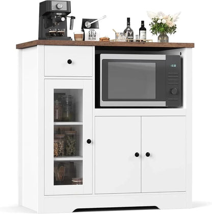 Kitchen Microwave Cabinet with Storage,Buffet Sideboard with 3 Doors, 1 Drawer & Adjustable Shelves, Pantry Storage Cabinet, White