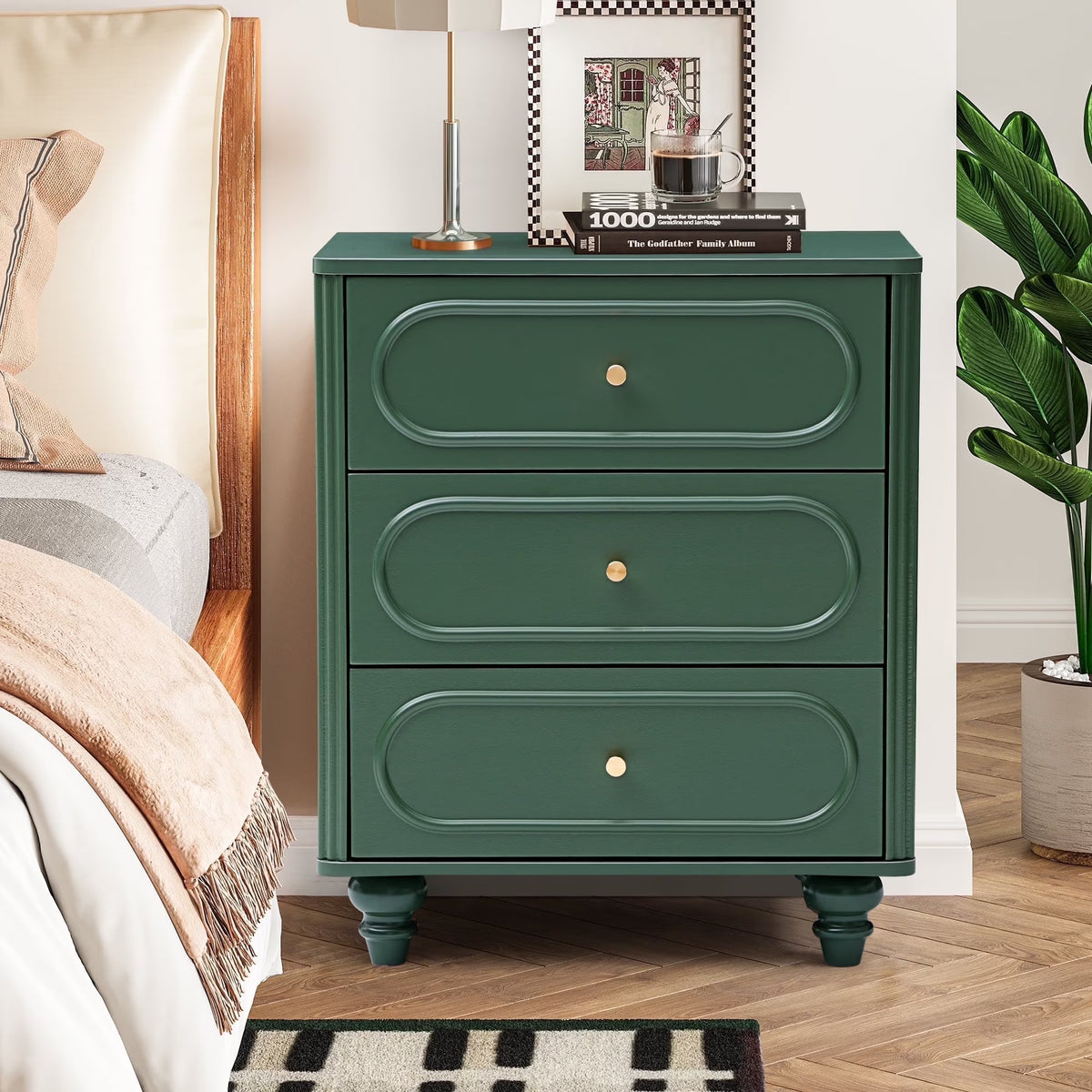 YOCWO 3 Drawer Nightstand, Classic Chest of Drawers with Arc Edge, Walnut