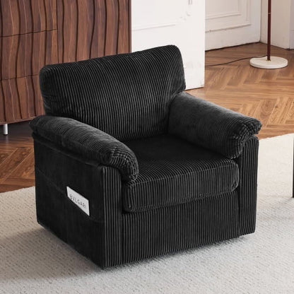 FFH 33" Oversized Swivel Accent Chair,Armchair with Side Pocket,Upholstered Corduroy Lounge Chaise Chair,Barrel Chairs,Comfy Single Sofa Chair for Living Room Reading Bedroom Office,Black