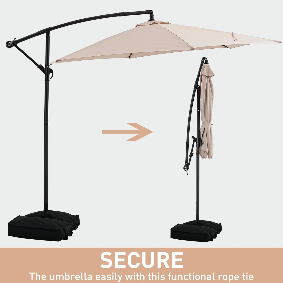 Ainfox 10ft Cantilever Patio Umbrella with Lights, Offset Market Umbrella with Sandbags Weighted Base and Cross Base,Khaki
