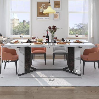 71 inch Large Rectangular Dining Table for 6-8 People, Dining Table with Marble-Color Wood Waterproof Tabletop and Adjustable Leg, 6ft Luxurious Family Dinner Table for Office Kitchen Living Room