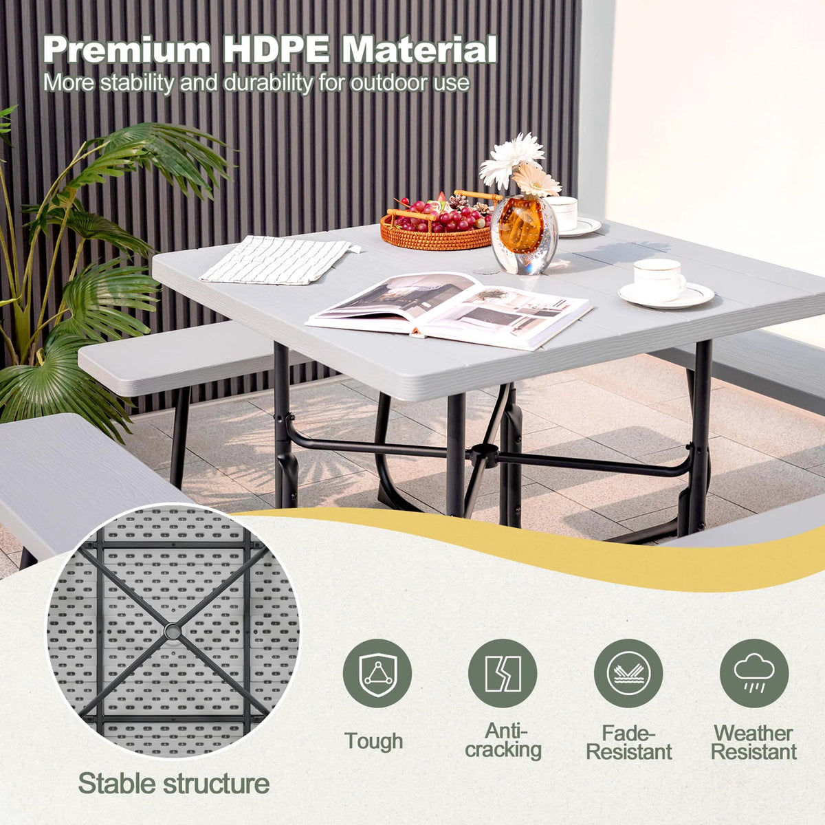 Costway Outdoor 8-person Square Picnic Table Bench Set with 4 Benches & Umbrella Hole White