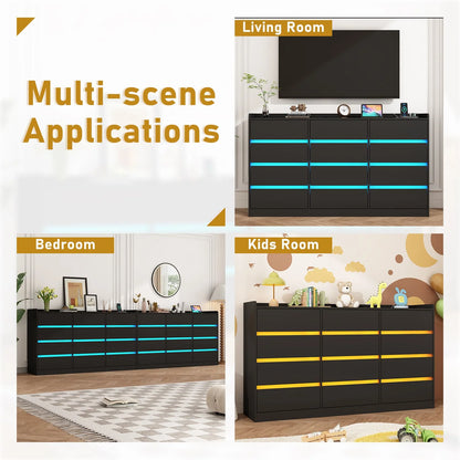 9 Drawer Dresser for Bedroom with Power Outlet, 63" Large Dresser with LED Light, Wooden Dresser For Closet, Chest of Drawers with Raised Edges
