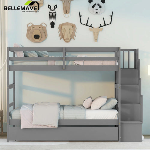 Bellemave Twin over Twin Stairway Bunk Bed with Trundle Wooden Bunk Bed Frame with Guardrails and Staircase, Twin Size Bunk Bed with Storage Stairs for Kids, Teens, Gray