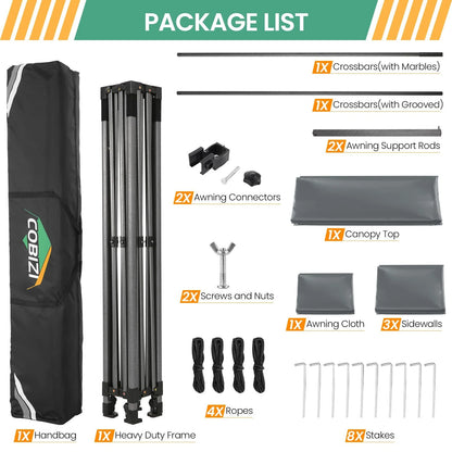 COBIZI 10x20 Pop Up Canopy Heavy Duty Party Tent with Removable Awning and Sidewalls,Easy Up Outdoor Wedding Canopy,Gazebo All Season Windproof&Waterproof with Roller Bag UPF 50+,Black