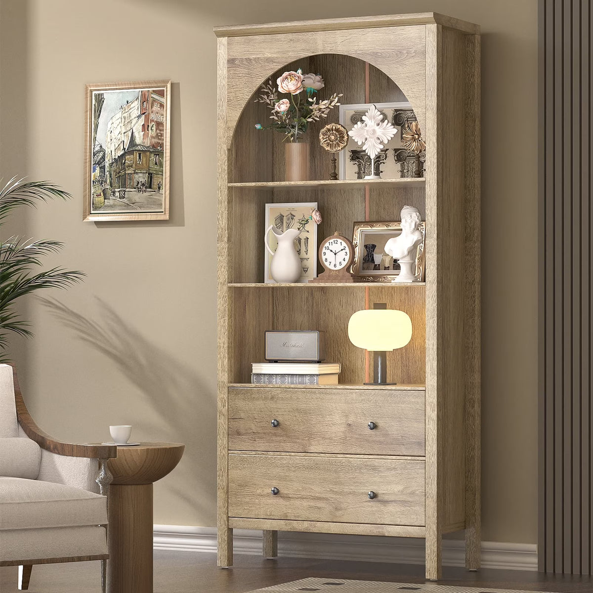 Arched Bookcase, Oak Arched Cabinet with Drawers, 71" Tall China Curio Cabinet, Display Cases for Collectibles, Vintage Bookshelf for Ding Room, Bedroom, Living Room