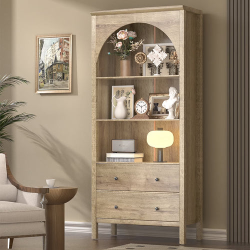 Arched Bookcase, Oak Arched Cabinet with Drawers, 71" Tall China Curio Cabinet, Display Cases for Collectibles, Vintage Bookshelf for Ding Room, Bedroom, Living Room