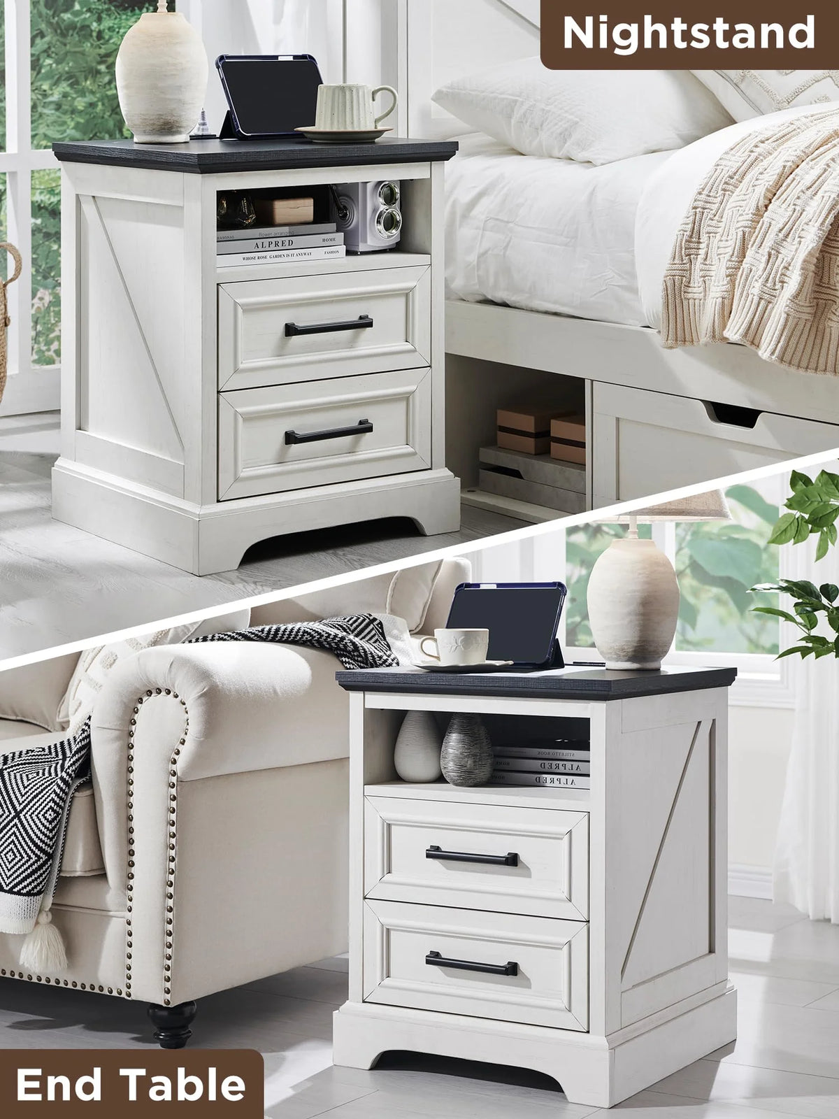 ACCOHOHO Nightstands Set of 2 with Charging Station, Rustic End Table with 2 Drawers Farmhouse Side Table with 3-tier Storage for Bedroom Living Room, White