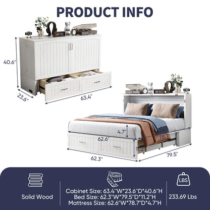ZAFLY Murphy Bed with Trifold Foam Mattress, Cabinet Bed has USB Charging Station, Convertible Bed with Storage Platform, Cabinet Chest Bed with Large Drawers for Living Room/Bedroom (Grey)