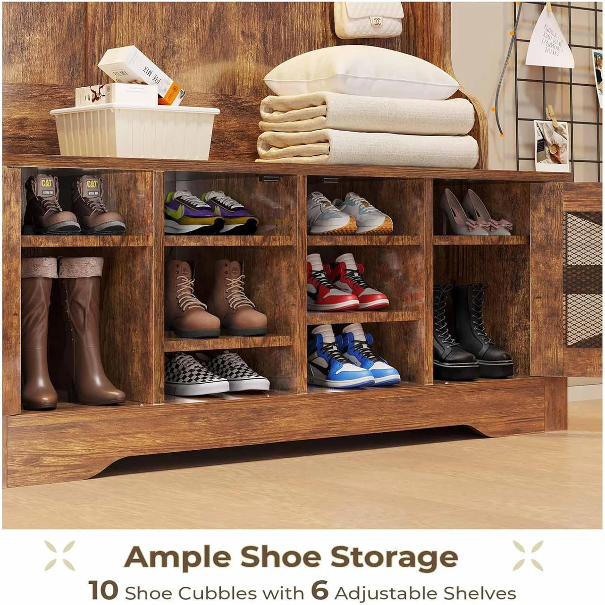 Hall Tree with Bench and Shoe Storage, 5-in-1 Entryway Bench with Coat Rack, 10 Shoe Cubbies & 9 Coat Hooks, Barn Door & Adjustable Shelf, Rustic Brown
