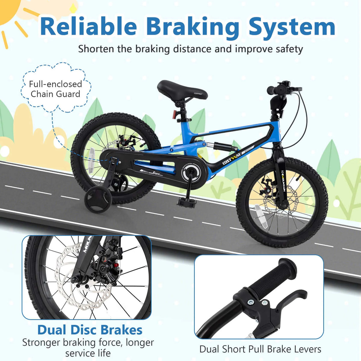 Costway 16 Inch Children Bicycle with Training Wheels & Double Disc Brakes Adjustable Seat Magnesium Alloy Blue