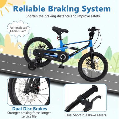 Costway 16 Inch Children Bicycle with Training Wheels & Double Disc Brakes Adjustable Seat Magnesium Alloy Blue