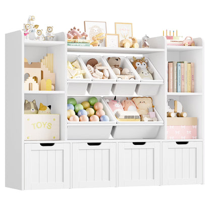 Hiphuta 3 Tier Kids Bookcase with Toy Storage Organizer, Wood Toy Organizer of 6 Boxes & 4 Removable Drawers, White
