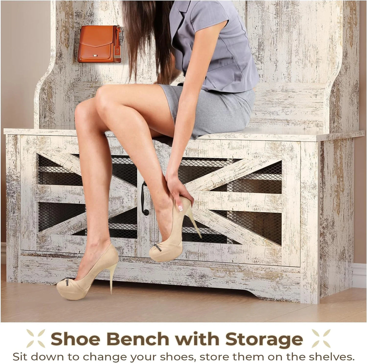 Hall Tree with Bench and Shoe Storage, 5-in-1 Entryway Bench with Coat Rack, 10 Shoe Cubbies & 9 Coat Hooks, Barn Door & Adjustable Shelf, Rustic Brown