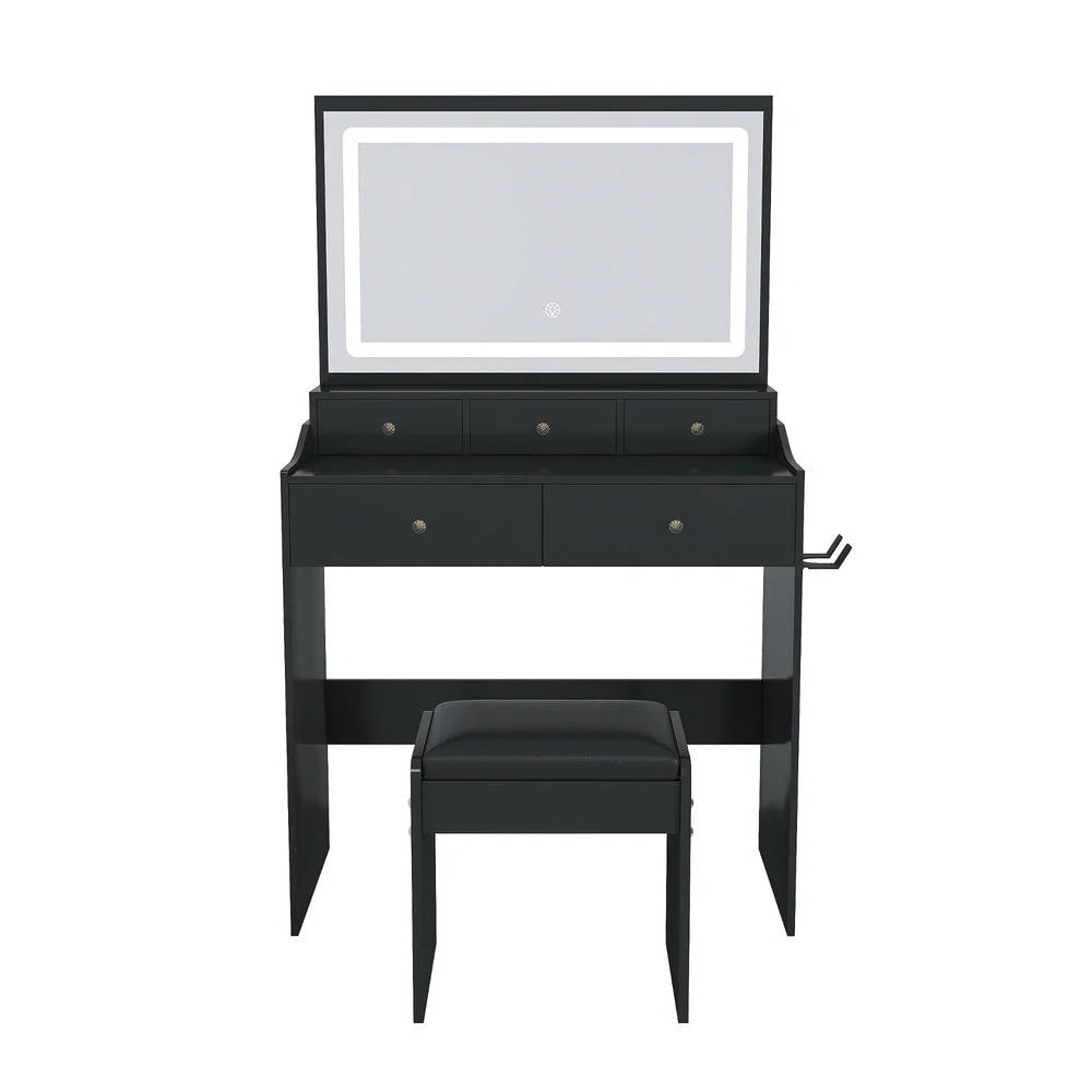 Kadyn Vanity Desk with Lighted Mirror, Vanity Table and Chair Set with 2 Drawers, Dressing Table Makeup Desk with 1 Door, Retro Gray