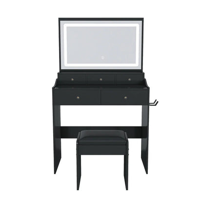 Kadyn Vanity Desk with Lighted Mirror, Vanity Table and Chair Set with 2 Drawers, Dressing Table Makeup Desk with 1 Door, Retro Gray