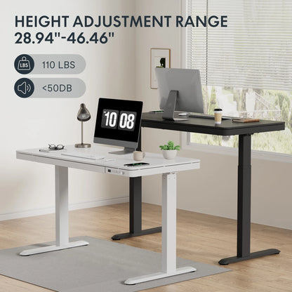 FLEXISPOT 48" W Home Office Height Adjustable Standing Desk White and Maple with USB Charge Ports and Embedded Drawer