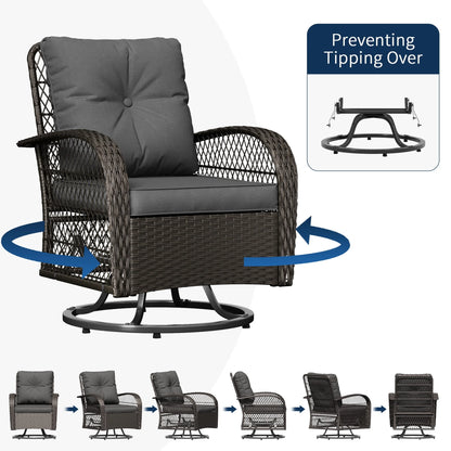 ELPOSUN 3 Pieces Patio Furniture Set, Outdoor Swivel Gliders Rocker, Wicker Patio Bistro Set with Rattan Rocking Chair, Glass Top Side Table and Thickened Cushions for Porch Deck Backyard